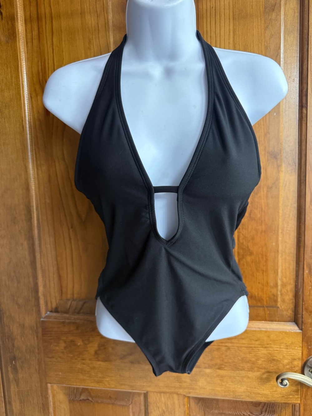 Vince Camuto Black Halter Deep V One-Piece Swimsuit